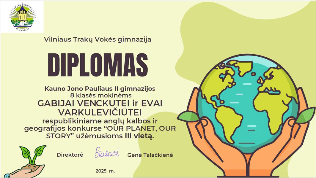 Nuoširdžiai sveikiname Kauno Jono Pauliaus II gimnazijos mokines Gabiją Venckutę ir Evą Varkulevičiūtę (mokytoja E.Brazauskienė) laimėjus III vietą nacionaliniame 5–8 klasių integruotame anglų kalbos ir geografijos konkurse.